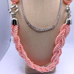Pink faux pearl with silver large beads and a faux clear crystal necklace.